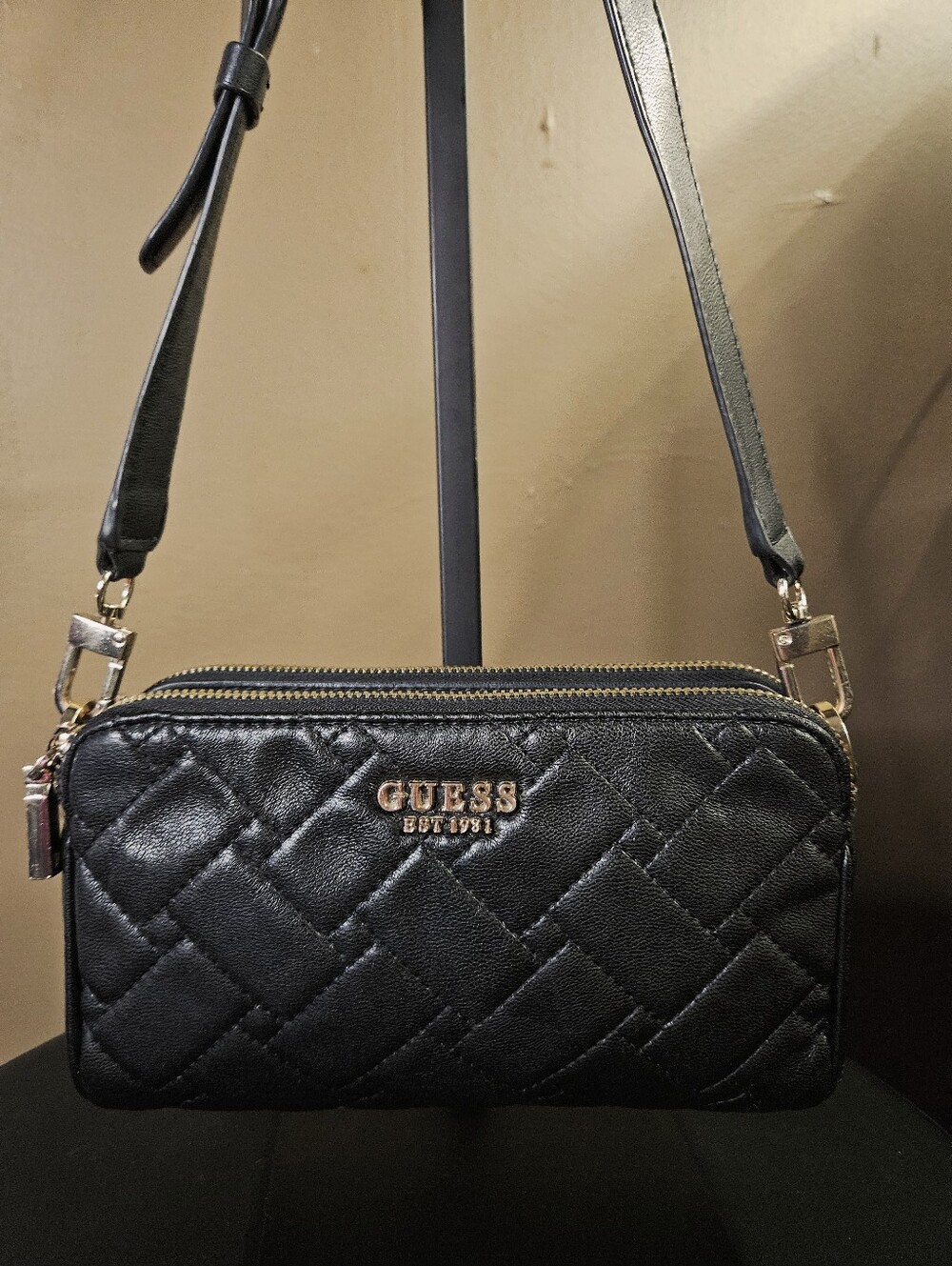GUESS Alanna Mini Status Quilted Crossbody Bag- Black